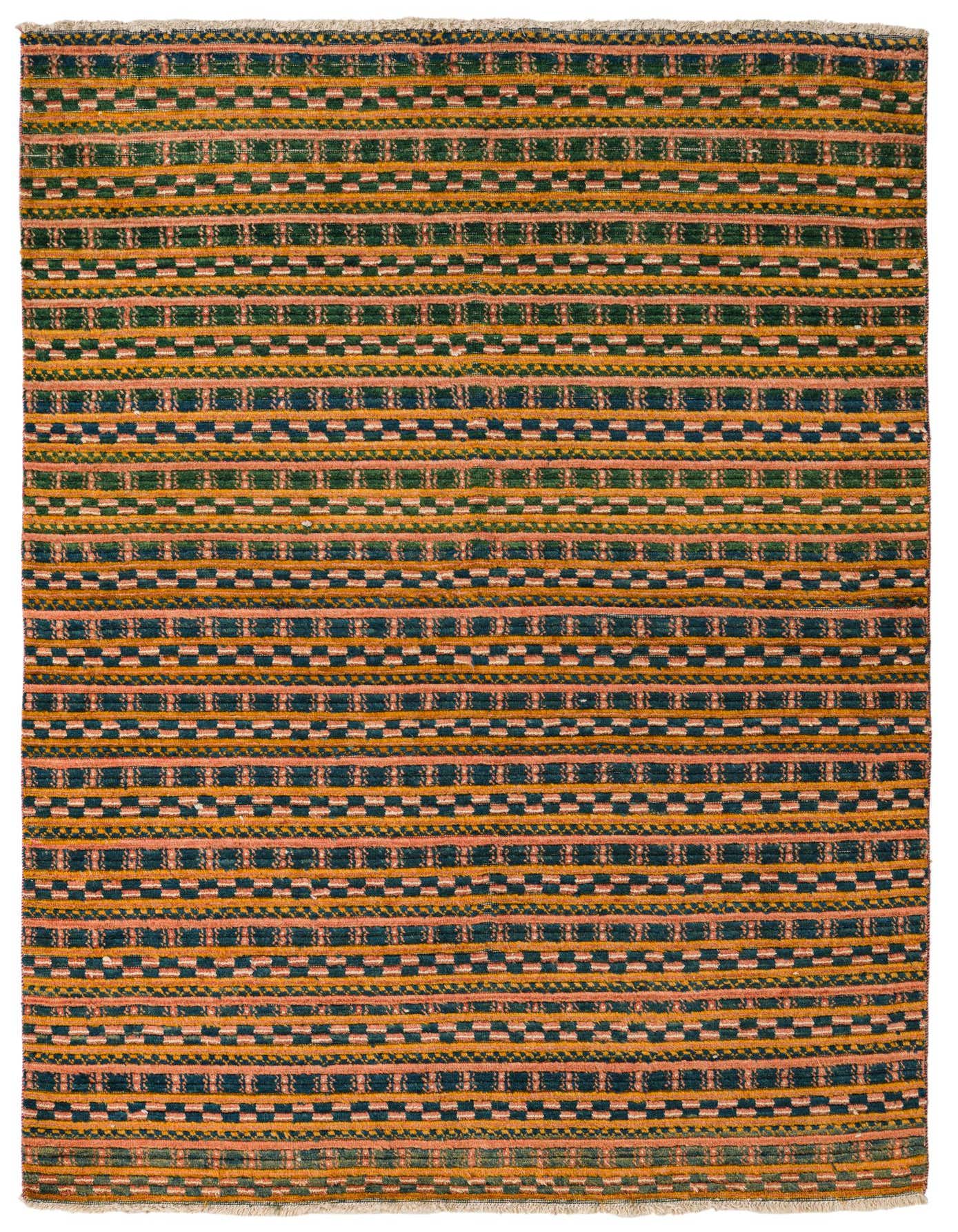 A 4x6 rectangular multi-colored rug with horizontal stripes in shades of green, orange, and pink, featuring small checkered patterns.