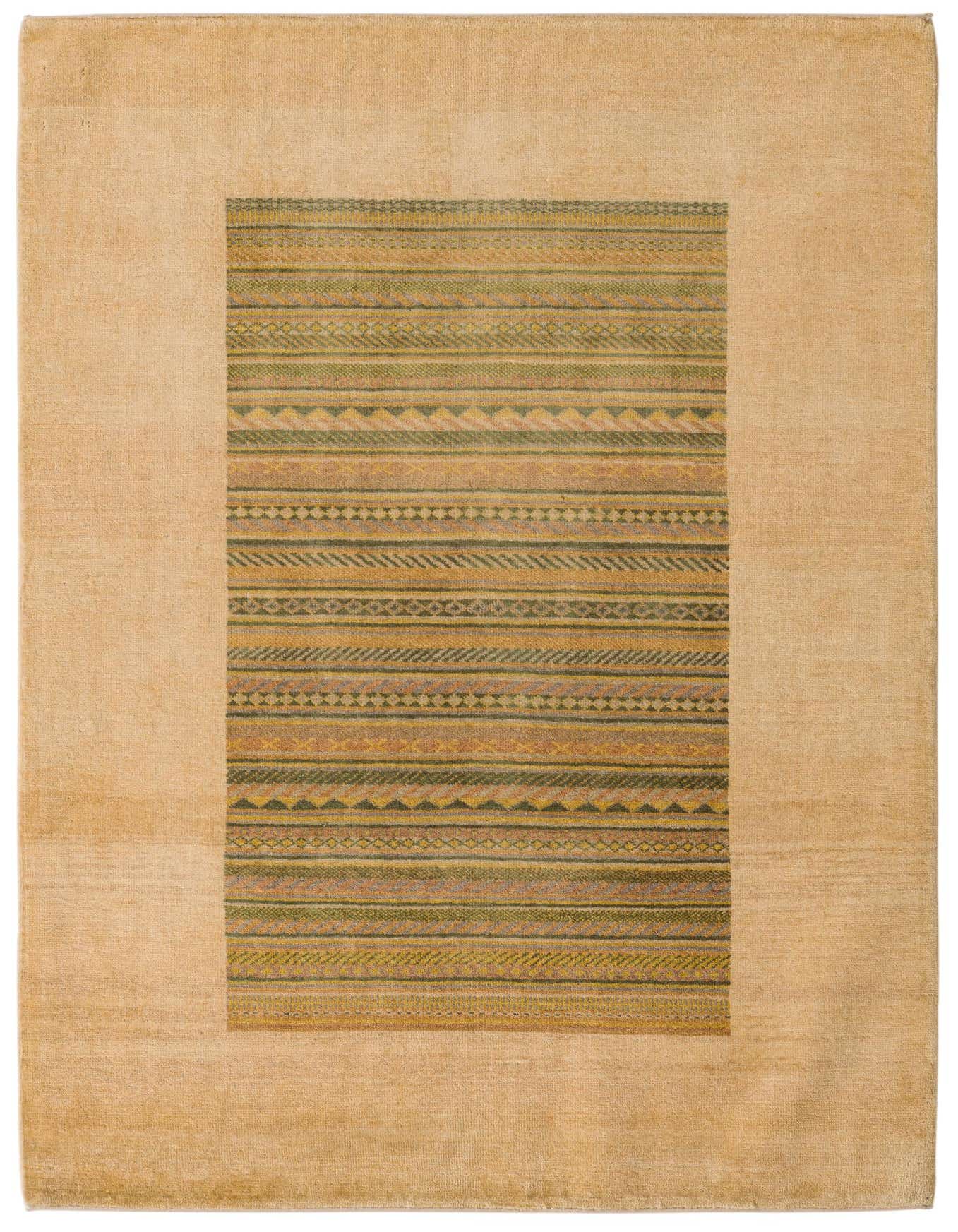 A 4x6 rectangular Modern Ziegler rug featuring a multi-colored striped and geometric pattern on a light tan border.