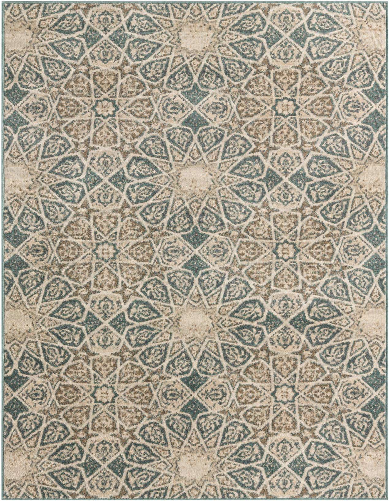 A 5x8 rectangular Mojave rug featuring an eclectic, multi-colored geometric pattern in shades of beige, brown, and teal.