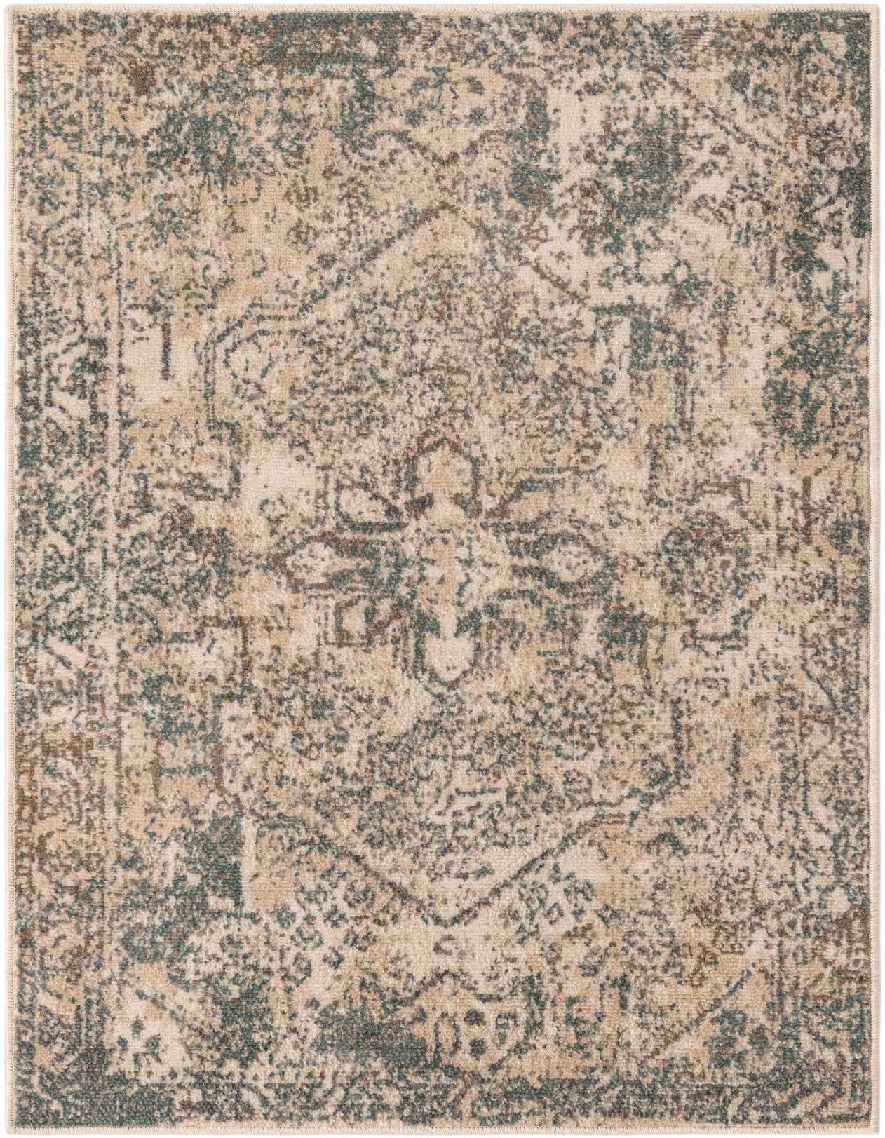 A 3x5 rectangular Rugs.com Mojave rug with a multi-colored medallion pattern in distressed beige, brown, and teal tones.