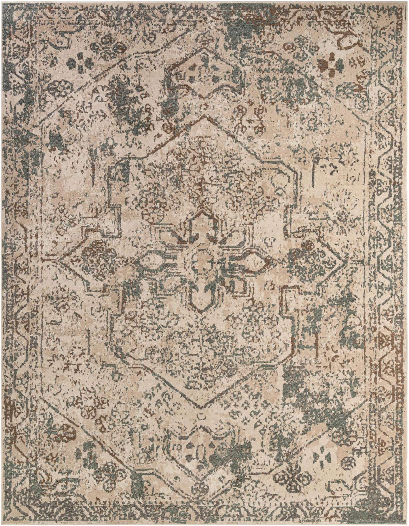 A 10x14 rectangular multi-colored rug with a distressed vintage medallion and traditional pattern, ideal for an indoor living space.