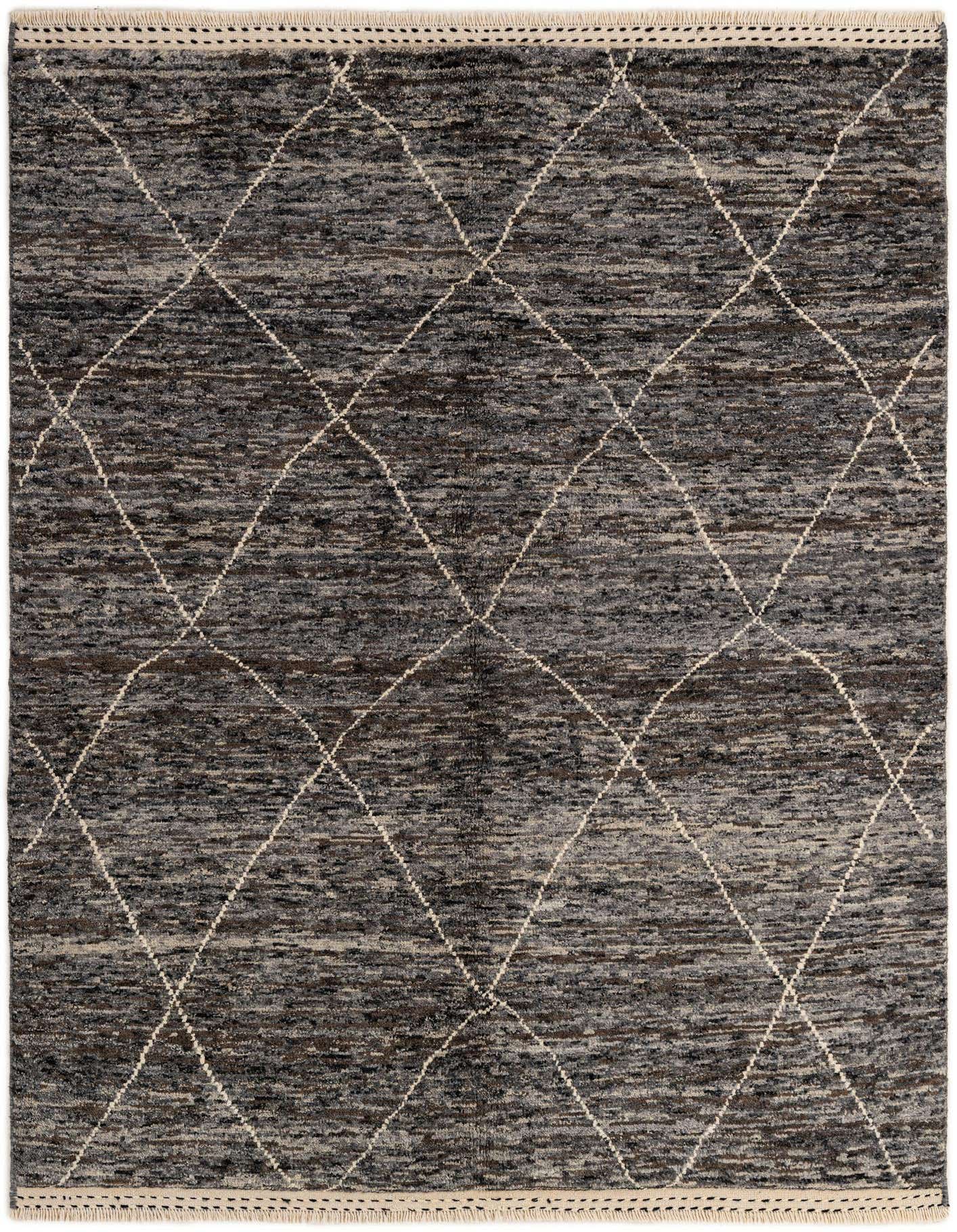 A 5x7 rectangular Moroccan tribal wool rug featuring a multi-colored base with a diamond pattern.