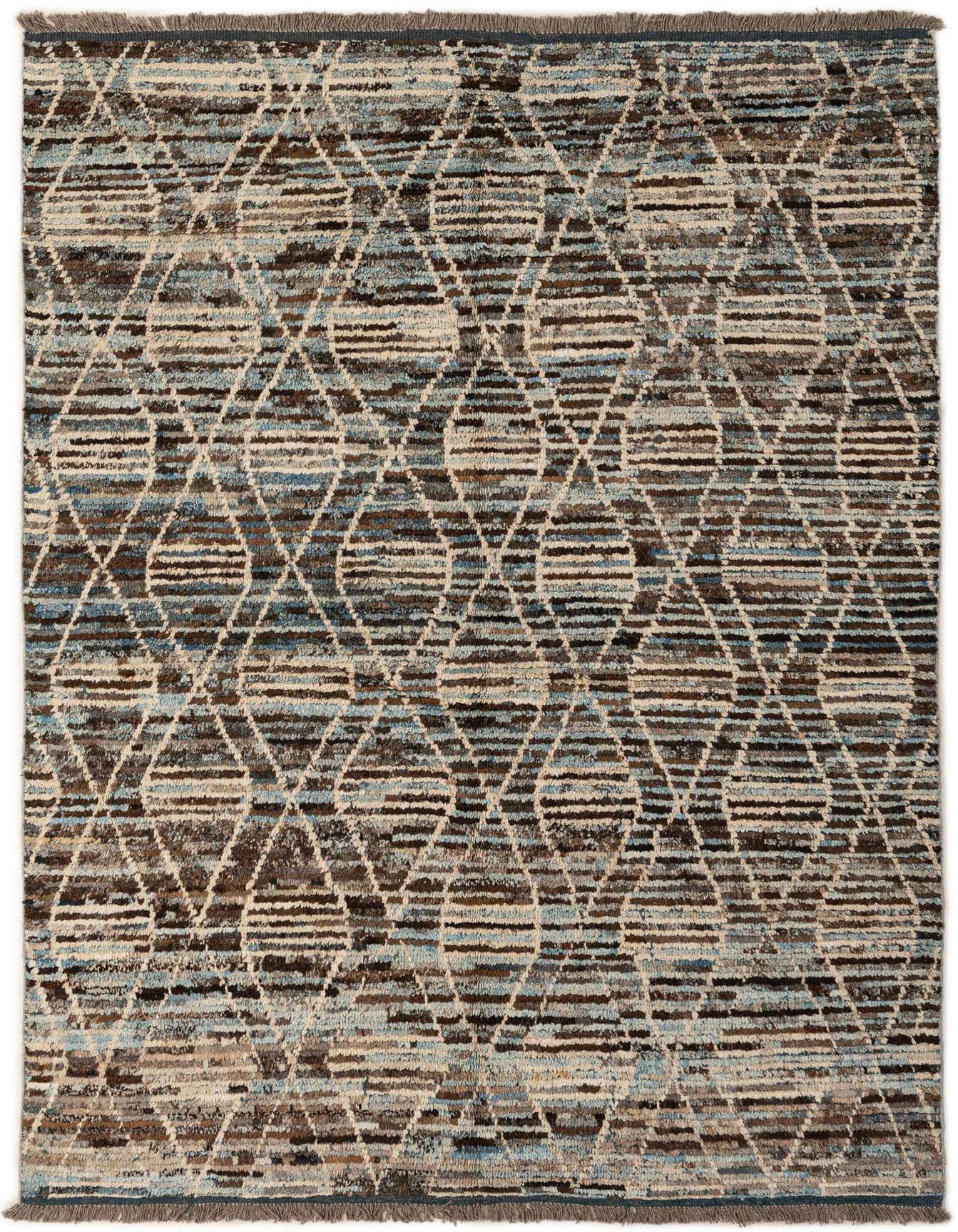 A 5x8 rectangular Moroccan tribal rug with a multi-colored diamond pattern in blues, browns, and creams.