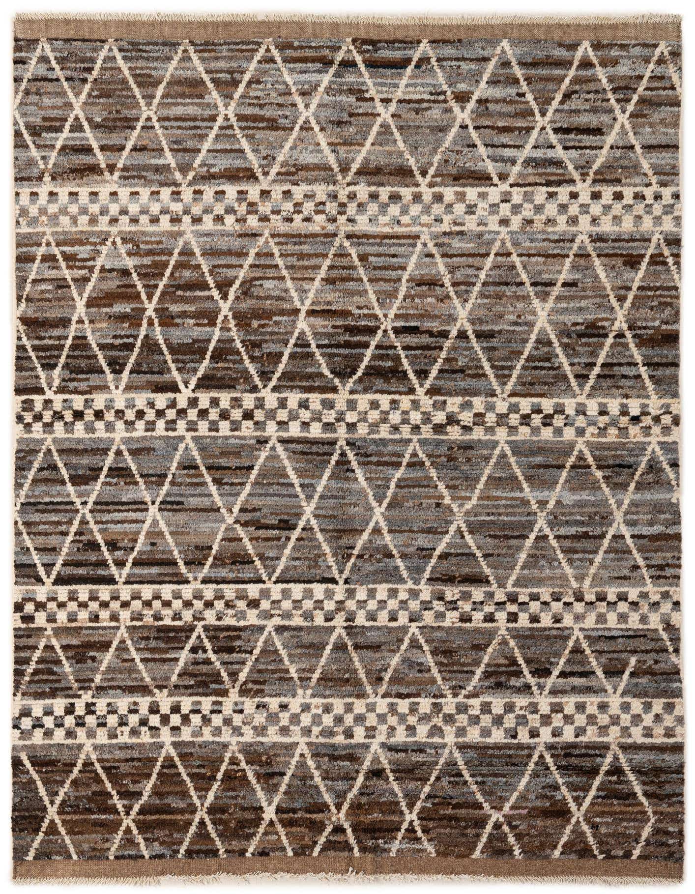 A 5x8 rectangular Moroccan rug featuring a tribal diamond pattern in multi-colored wool, ideal for a living room.