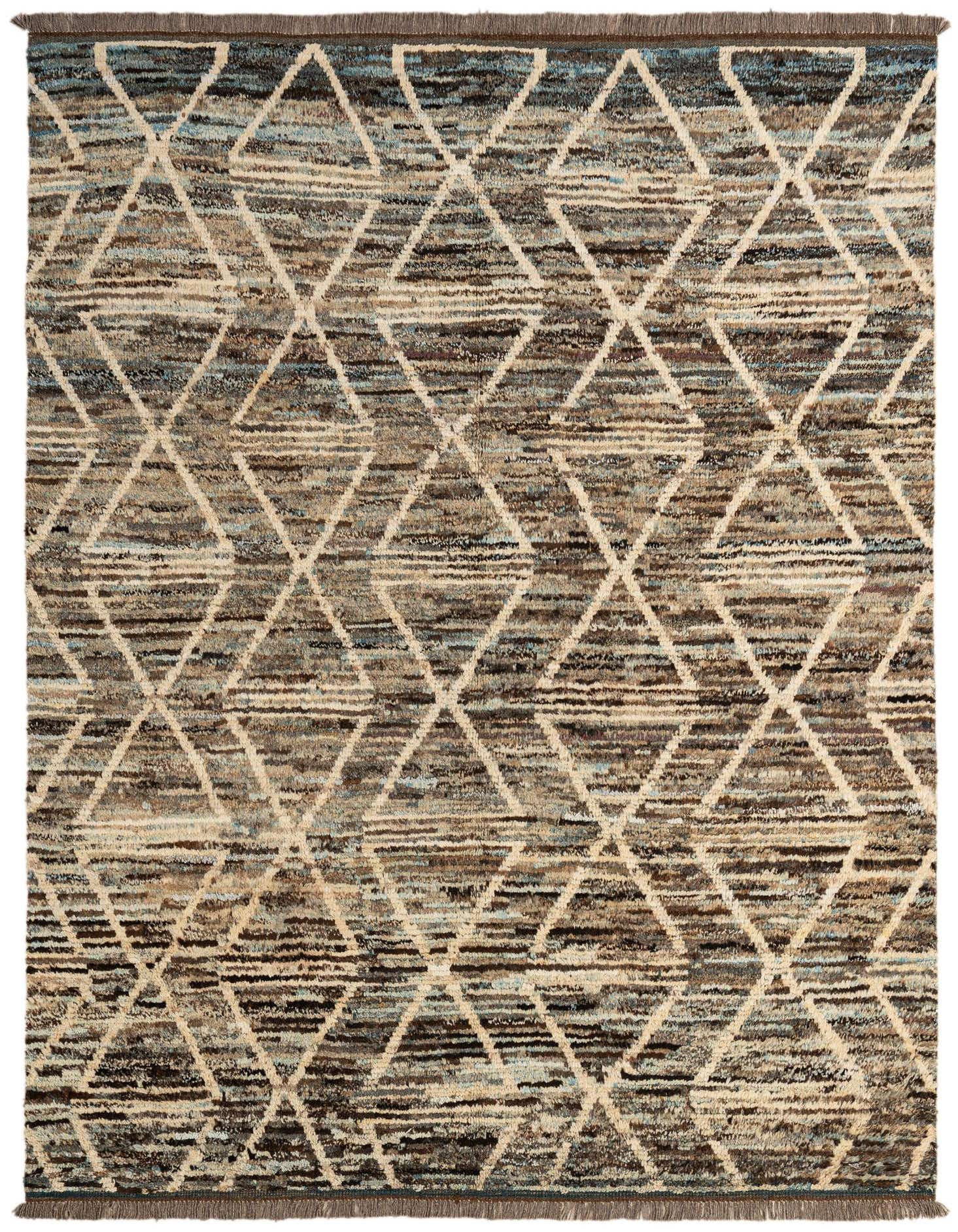 A 5x7 rectangular Moroccan tribal rug with a multi-colored background and light-colored geometric diamond patterns.
