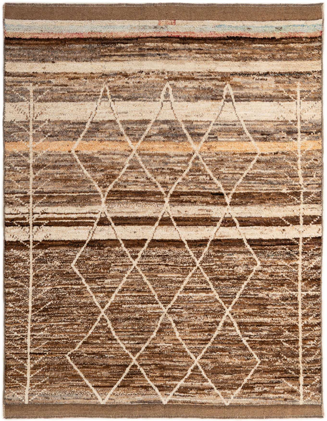 A 5x8 rectangular Moroccan tribal rug in multi-colored wool, featuring a diamond pattern over horizontal stripes.