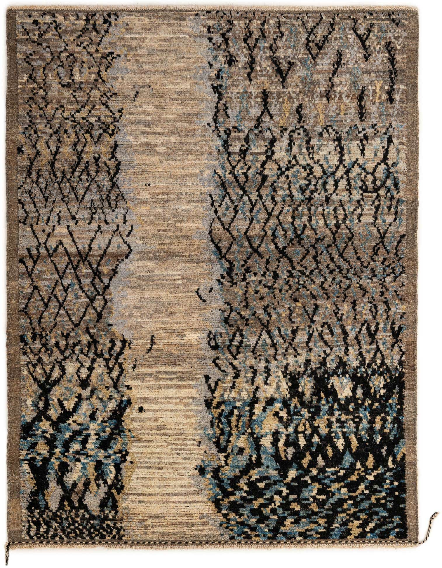 A 5x8 rectangular Moroccan wool rug with an abstract tribal pattern in black, blue, and beige tones.
