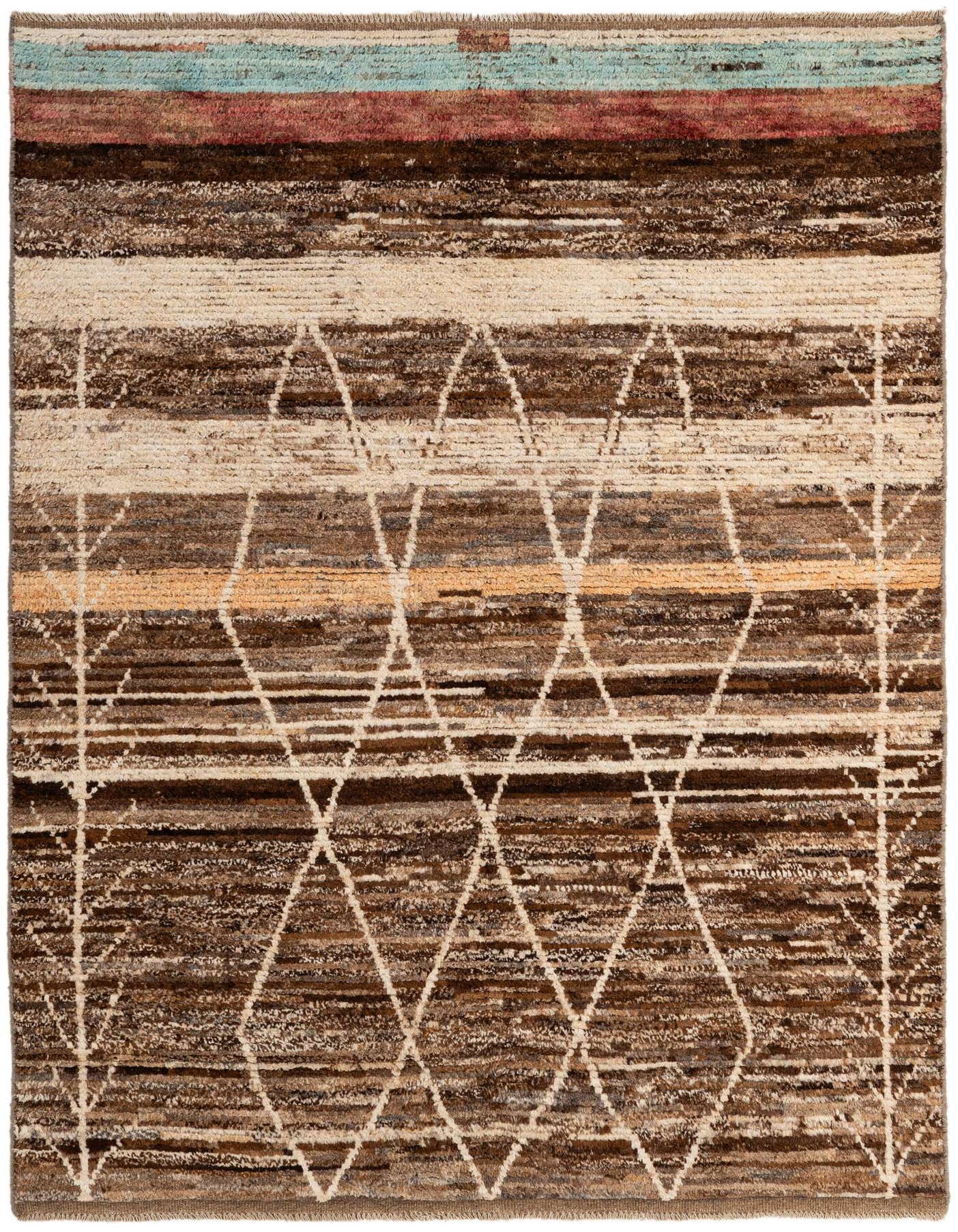 A 5x8 rectangular Moroccan wool rug featuring horizontal stripes in various shades of brown, beige, and cream, with accents of blue and red, and a subtle tribal diamond pattern.