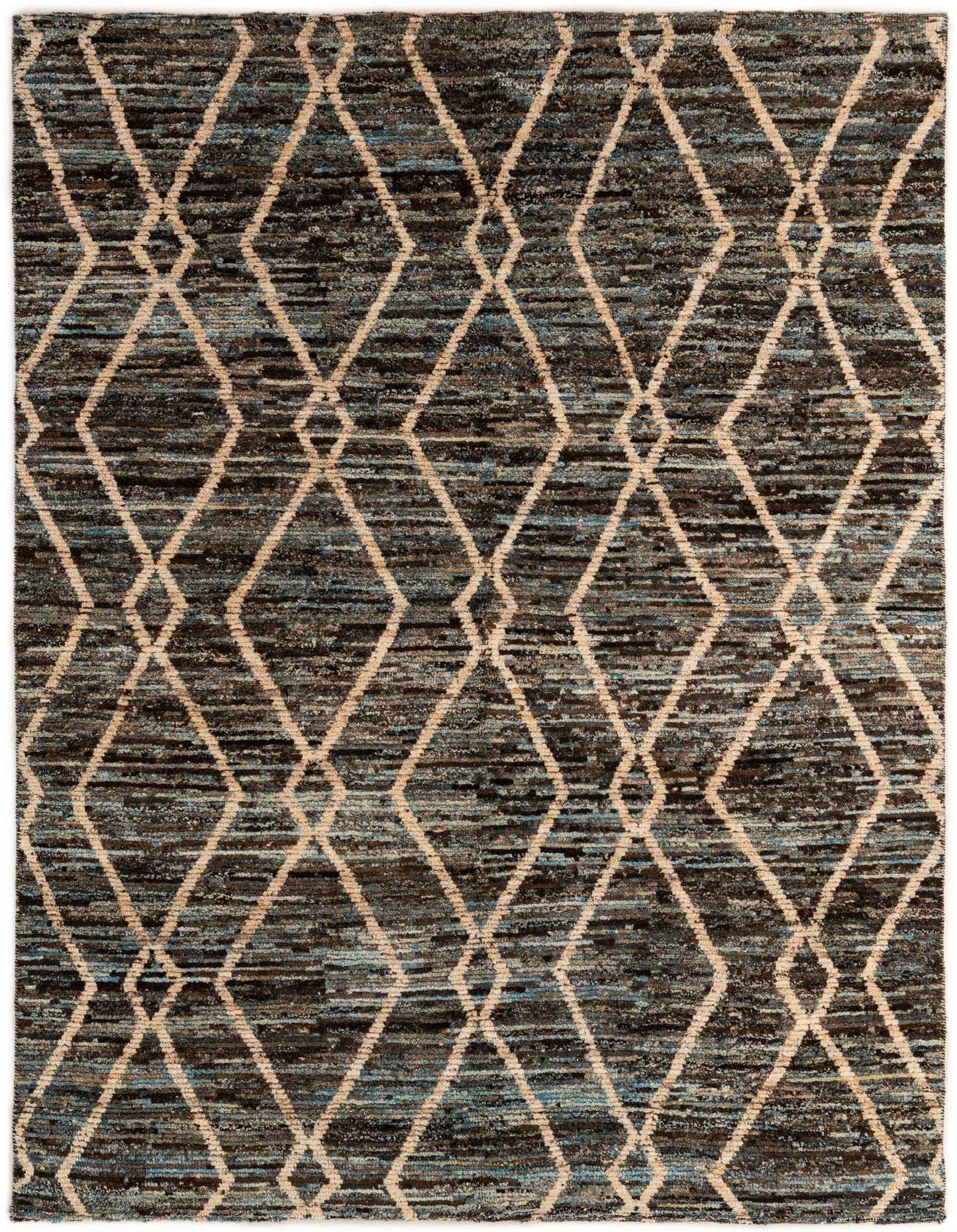 A 5x8 rectangular Moroccan rug featuring a multi-colored tribal diamond pattern in shades of blue, brown, and beige.