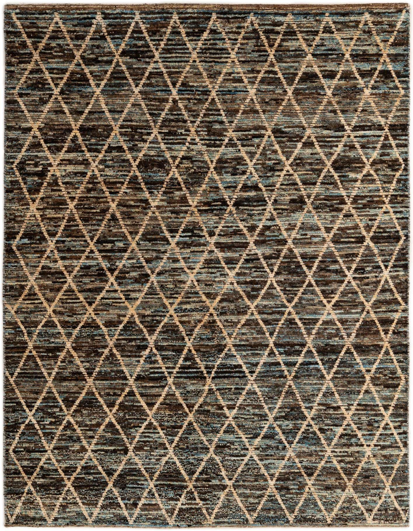 A 5x8 rectangular wool rug with a multi-colored tribal pattern, featuring light diamond shapes over a dark, textured background.