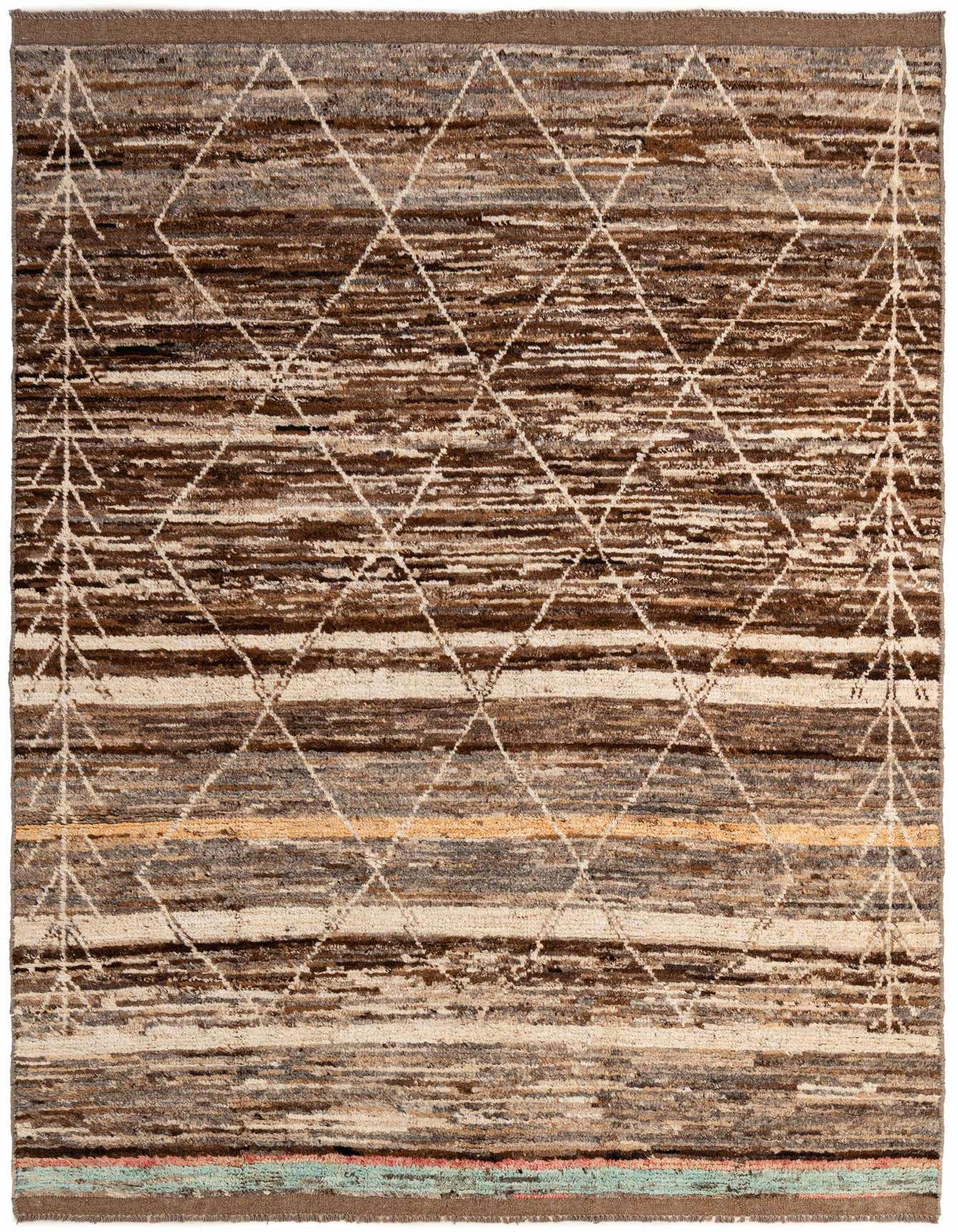 A 6x9 rectangular multi-colored tribal wool rug with a diamond pattern over horizontal stripes, perfect for a living room.