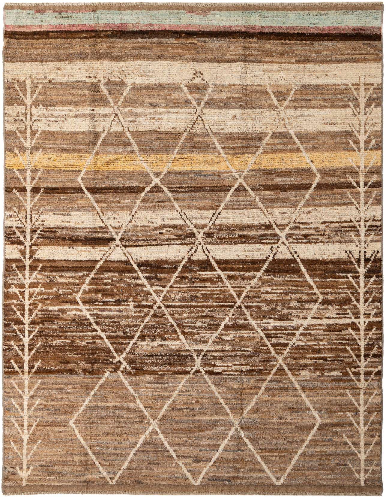 A 7x10 rectangular Moroccan wool rug featuring a multi-colored striped pattern with prominent brown and beige tones, accented by white tribal diamond and tree-like motifs, suitable for a living room.
