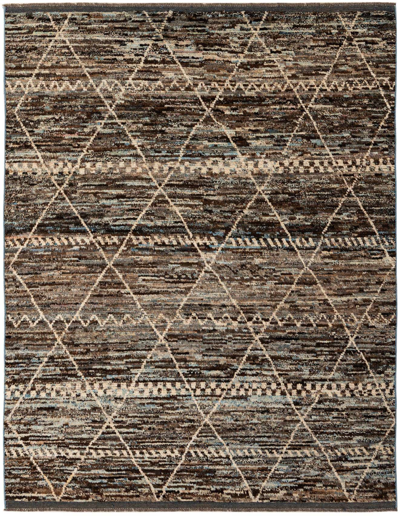A 7x10 rectangular Moroccan tribal rug in multi-colored wool, featuring a diamond pattern over horizontal stripes.