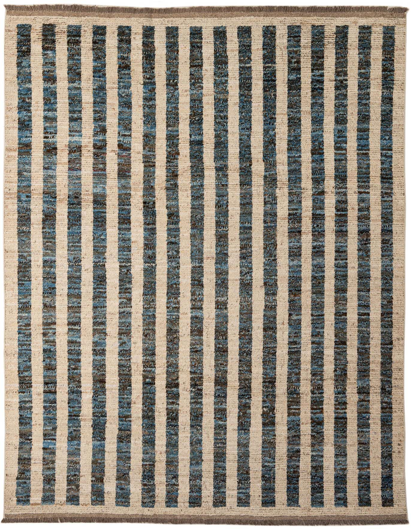 A 7x10 rectangular Moroccan rug with alternating vertical stripes of cream and textured blue-brown, suitable for a living room.