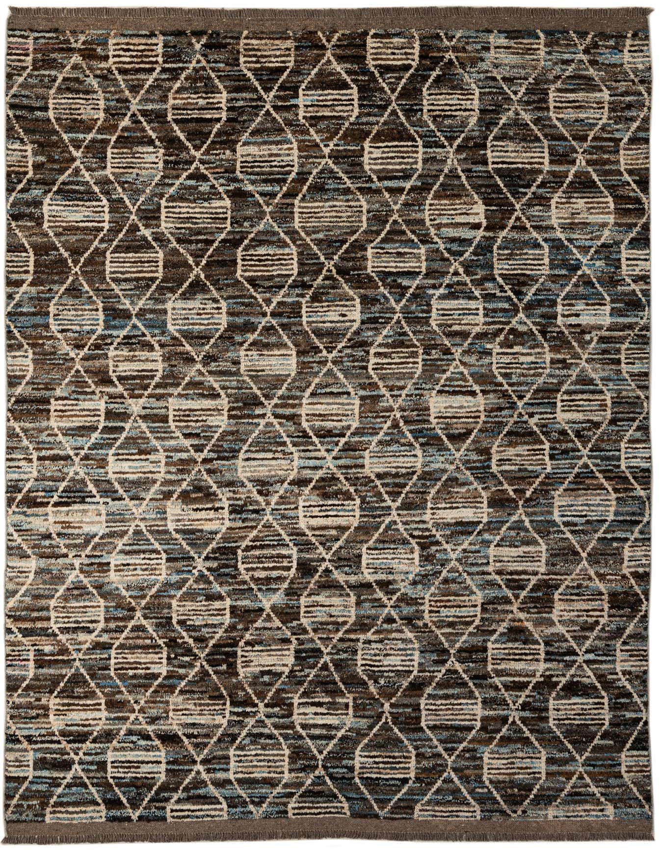 A 7x10 rectangular Moroccan area rug with a tribal geometric pattern in multi-colored wool, featuring shades of brown, blue, and cream.