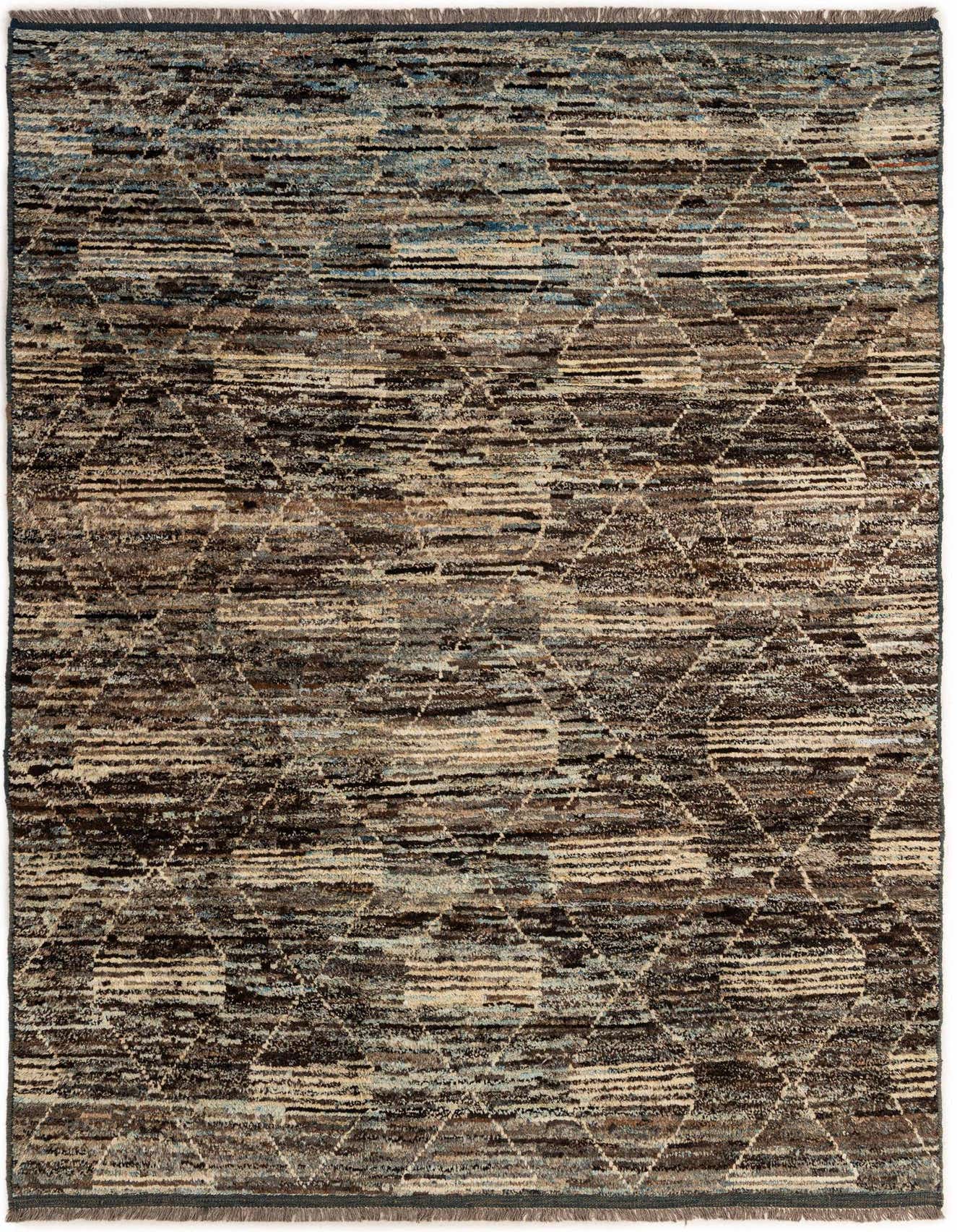 A 6x9 rectangular multi-colored wool rug featuring a modern tribal pattern with horizontal stripes and a subtle diamond lattice.