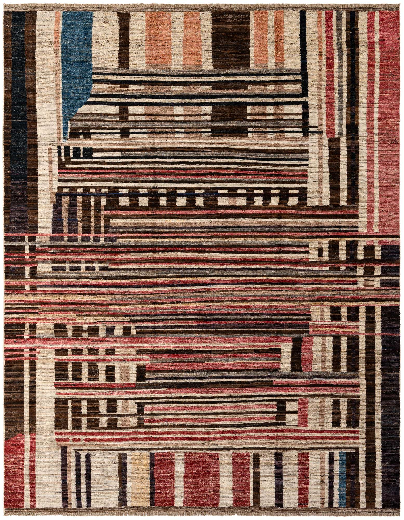 An 8x10 rectangular multi-colored wool rug with a modern tribal abstract pattern, featuring horizontal and vertical stripes in various widths and shades of red, blue, brown, and cream.
