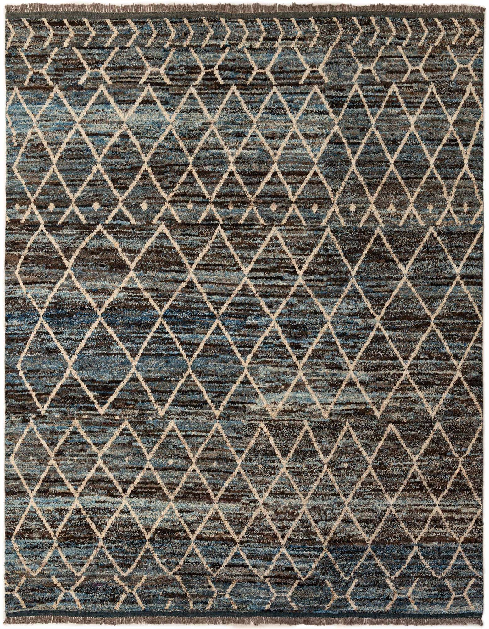 A rectangular 8x10 Moroccan rug with a multi-colored tribal diamond pattern in shades of blue, brown, and cream.