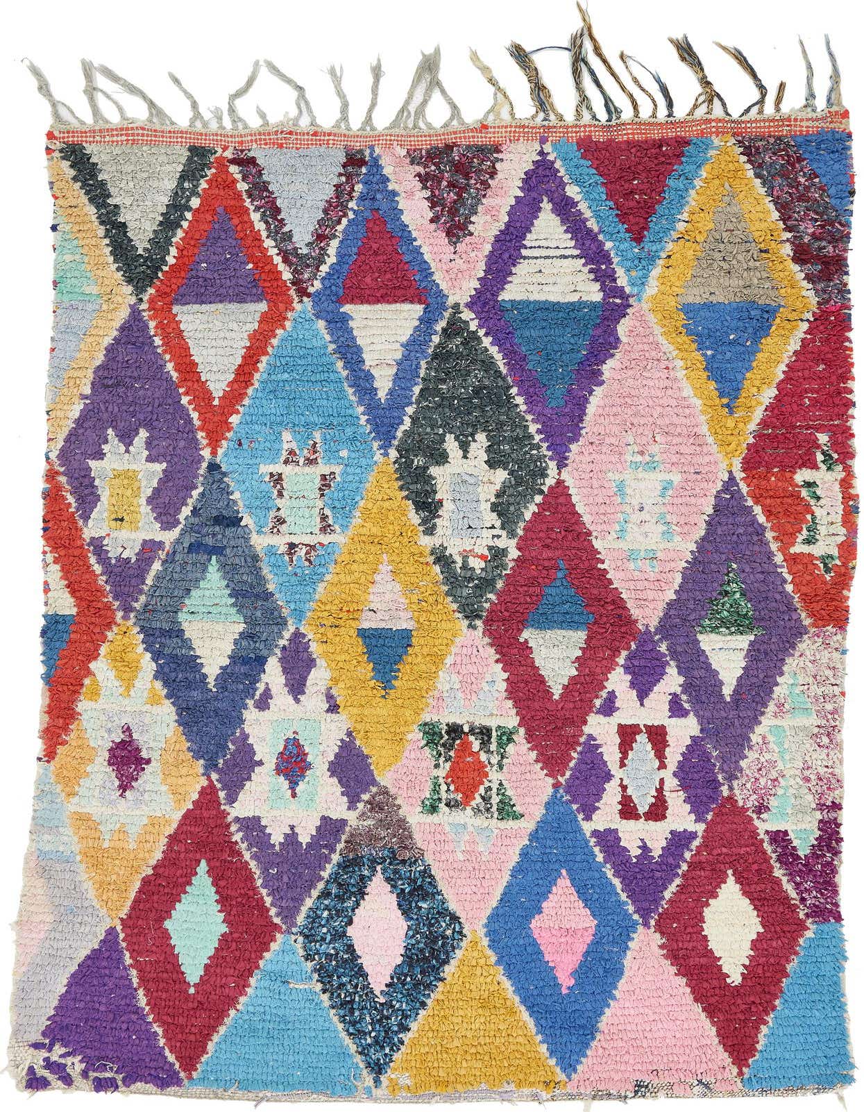 A vibrant 4x6 multi-colored Moroccan shag rug with a bold tribal diamond pattern and fringe.