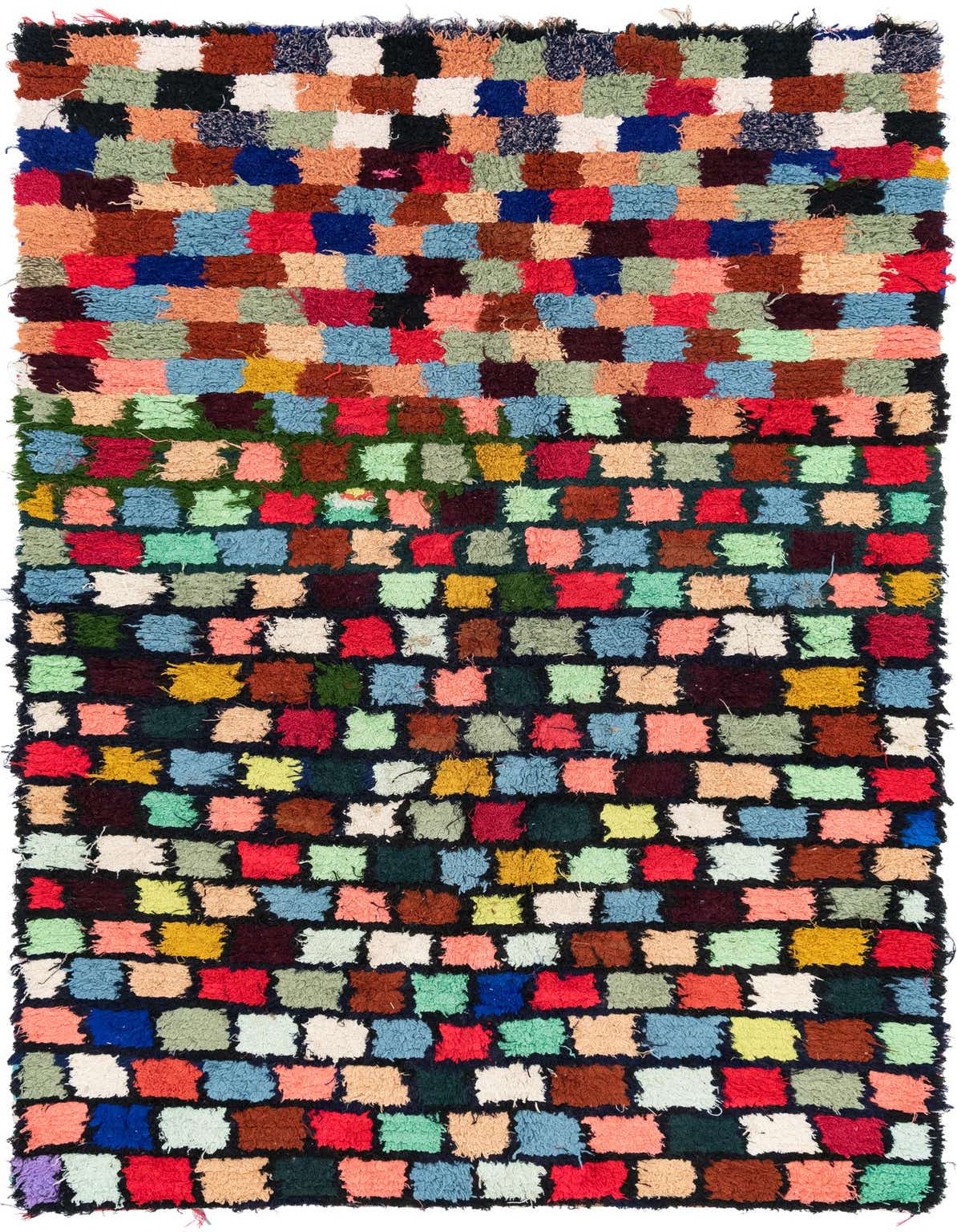 A 6x9 rectangular multi-colored shag rug with a vibrant tribal, abstract pattern, perfect for a living room.