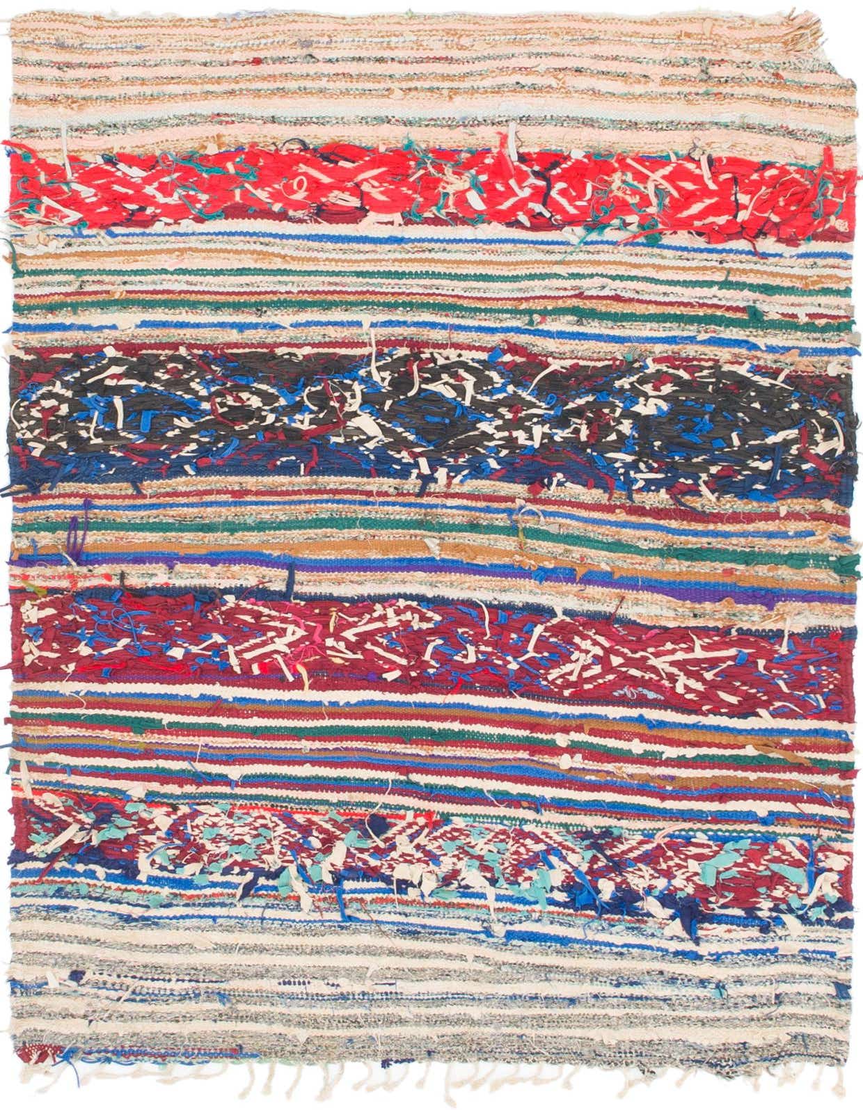 A 3x5 multi-colored rectangular shag rug with a striped, transitional, tribal, and modern pattern, handmade from cotton.