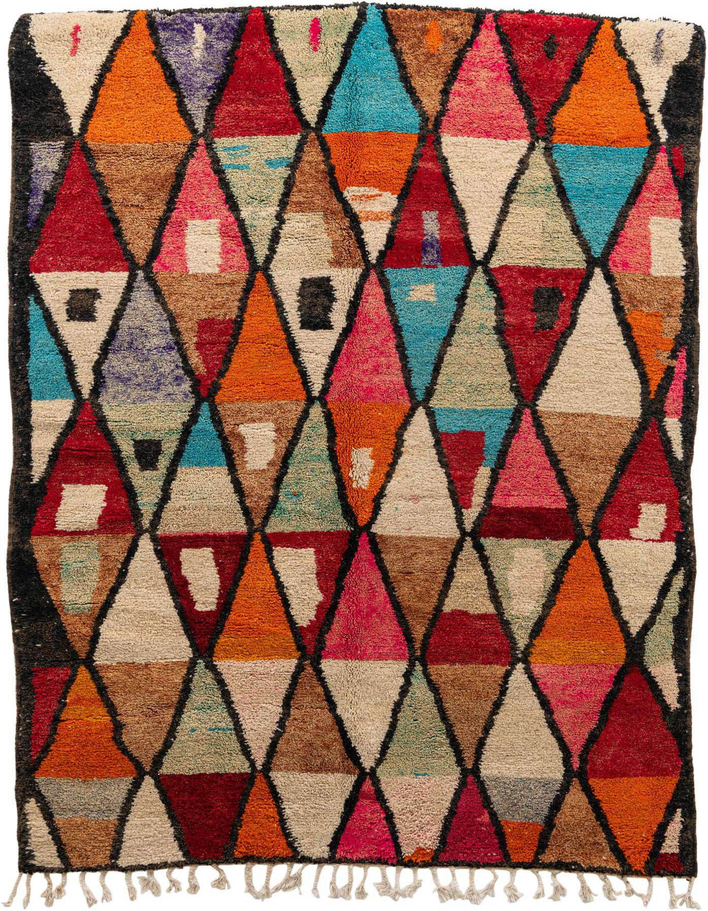 A 7x10 multi-colored shag rug with a bold tribal diamond pattern in red, orange, blue, pink, and beige.