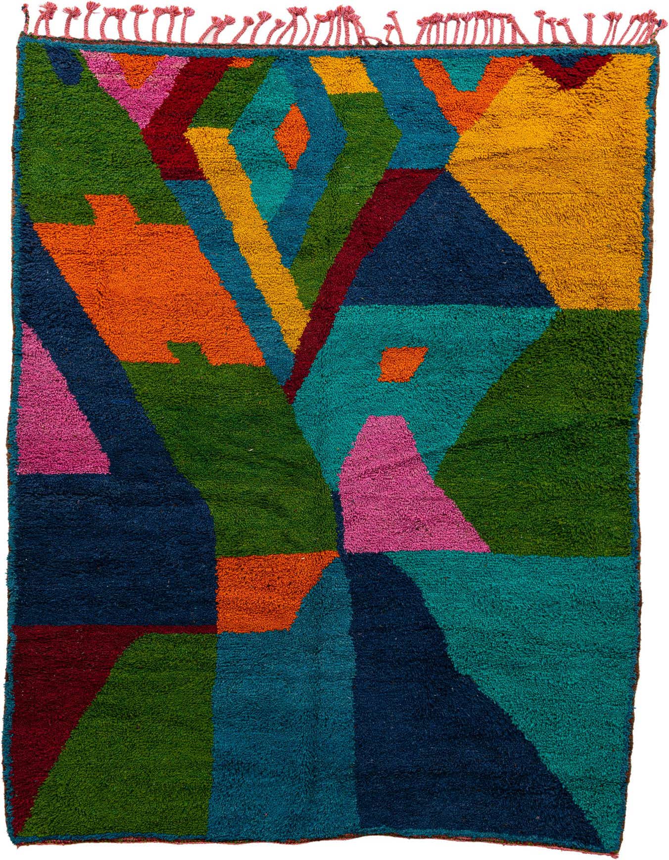 A vibrant 6x9 multi-colored rectangular shag rug with a modern tribal abstract pattern, featuring various shades of blue, green, orange, pink, and yellow.