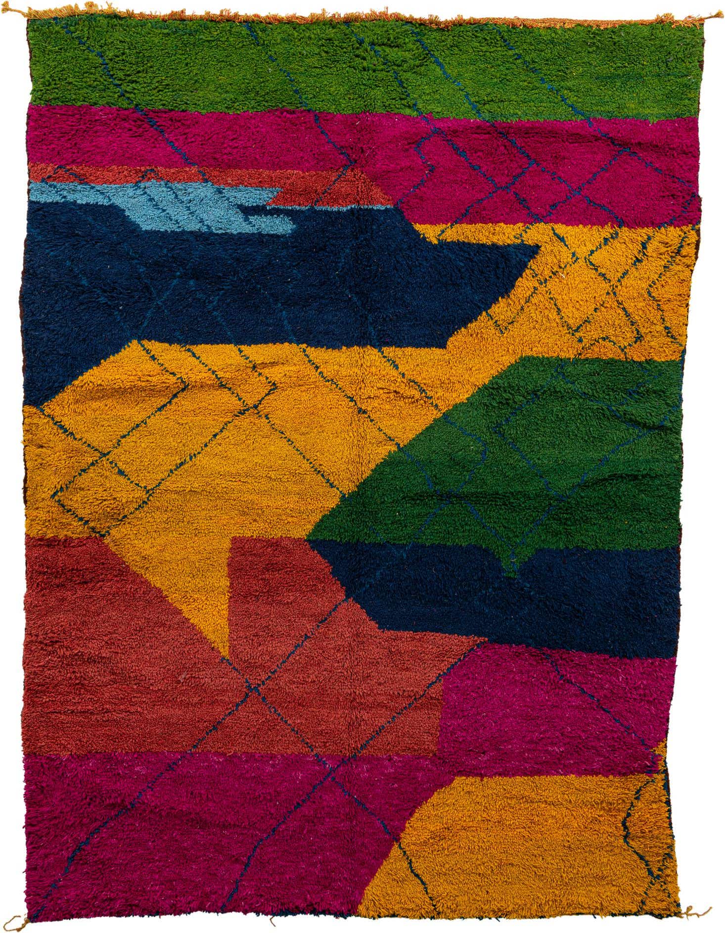 A vibrant 7x10 rectangular shag rug with a multi-colored abstract tribal pattern in green, fuchsia, blue, yellow, and red.