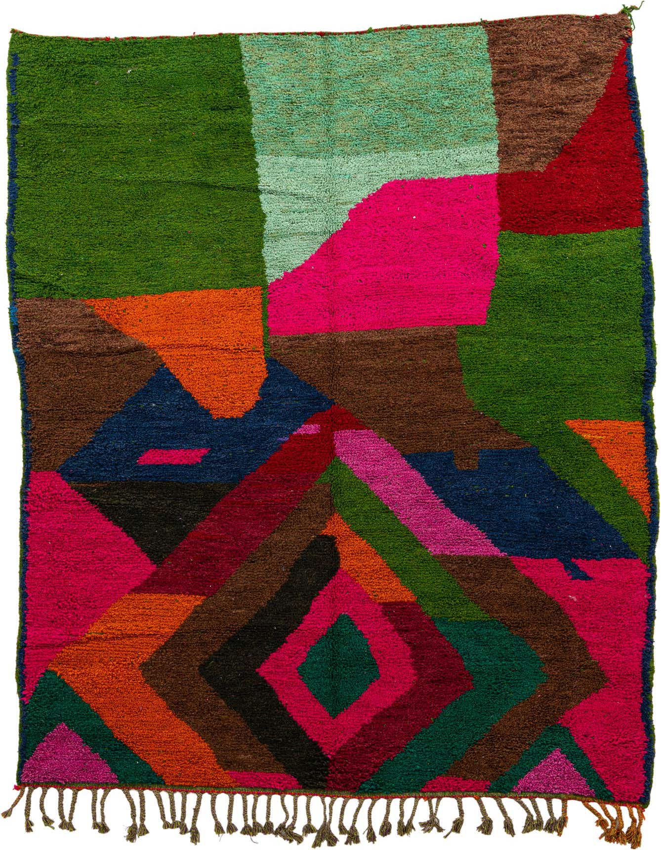 A vibrant 7x10 rectangular shag rug featuring a multi-colored modern tribal pattern with geometric shapes in pink, green, orange, blue, and brown.