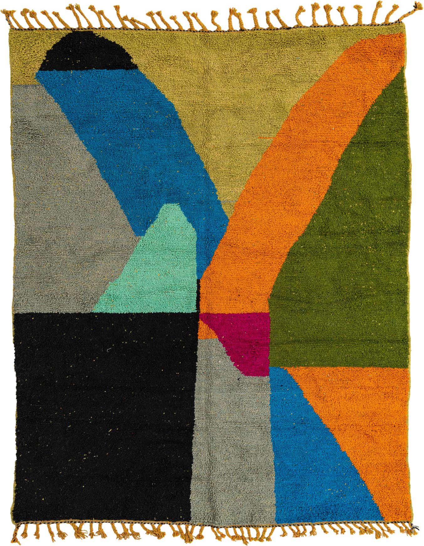 A 7x10 multi-colored rectangular shag rug with an abstract tribal pattern in blue, orange, green, black, gray, and fuchsia.