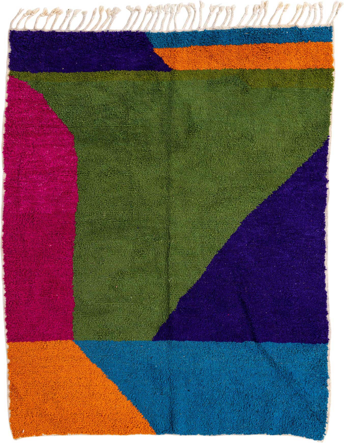 A 5x8 rectangular multi-colored shag rug with a modern abstract tribal pattern in green, purple, fuchsia, orange, and blue, featuring white fringe.