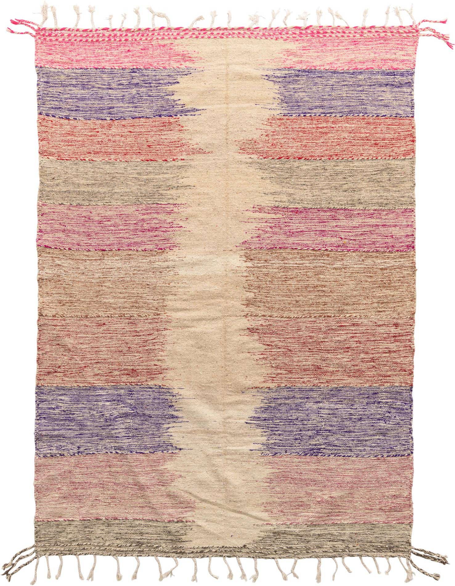 A 6x9 rectangular multi-colored tribal shag rug with abstract stripes in pink, purple, red, and beige, perfect for a living room.