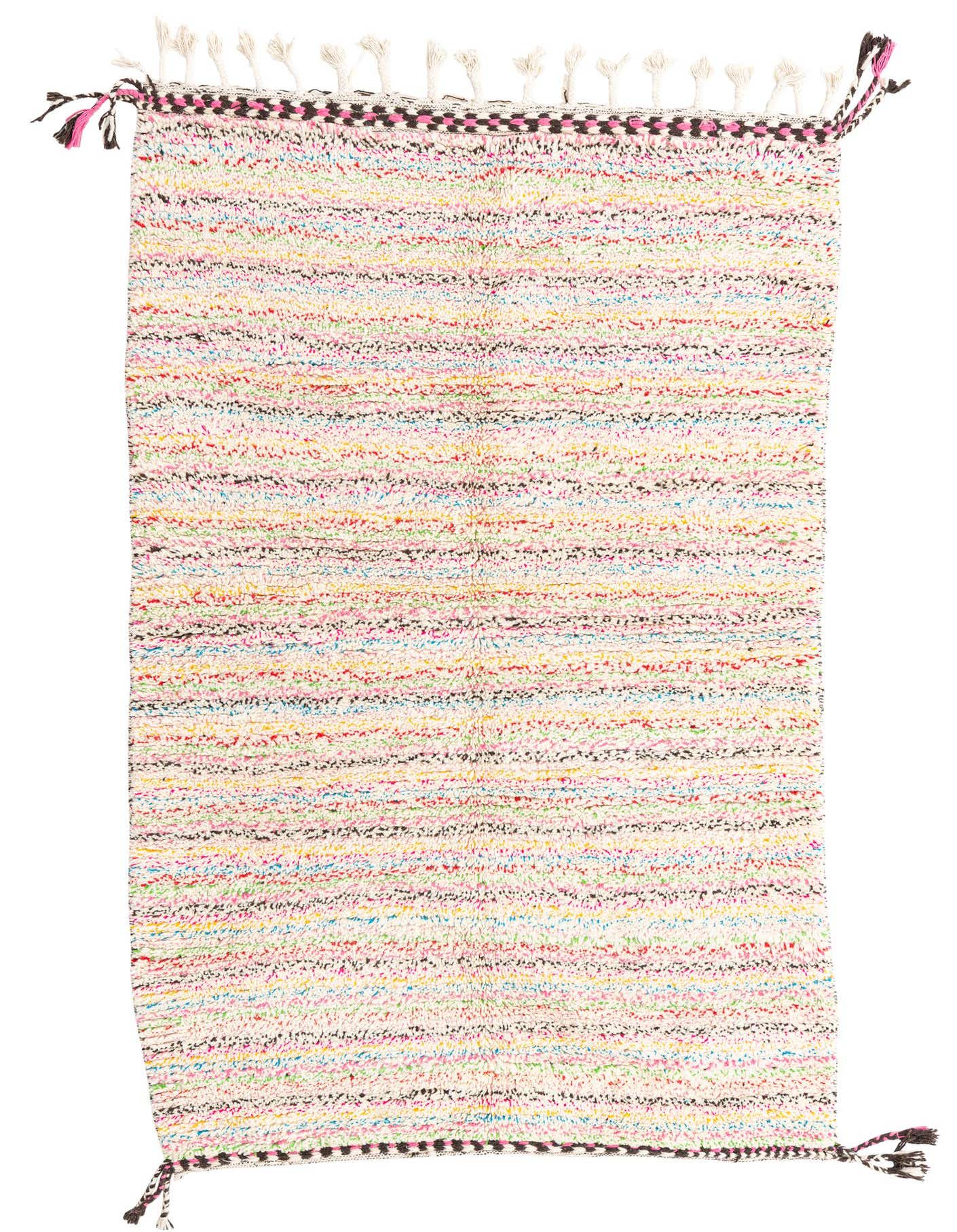 A 5x8 rectangular multi-colored shag rug with a tribal pattern, featuring tassels on the ends.