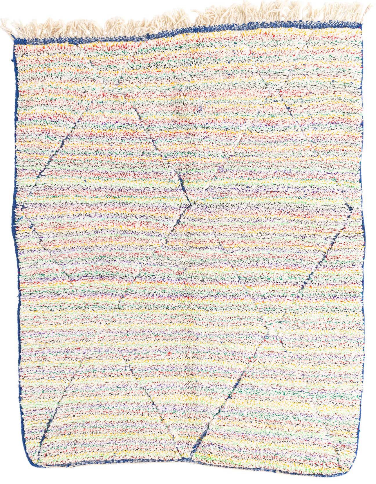 A 5x8 rectangular multi-colored shag rug with a tribal diamond pattern, ideal for a living room or bedroom.