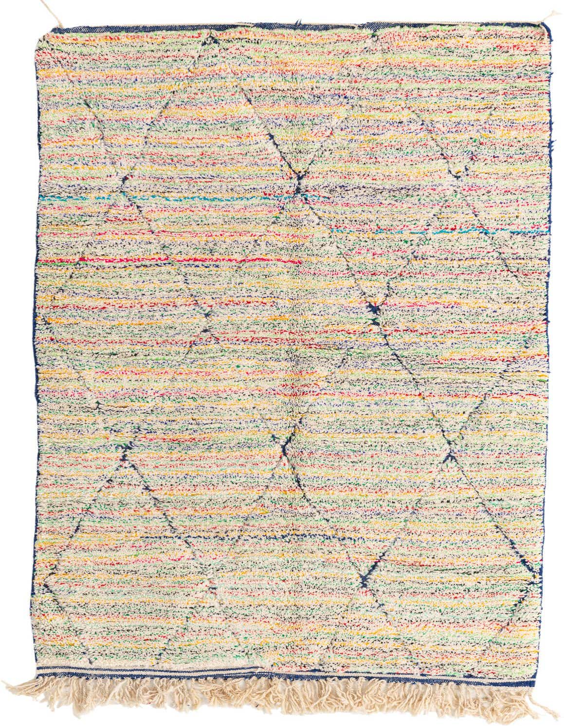 A 5x8 rectangular shag rug with a multi-colored striped pattern and tribal diamond motifs, ideal for a living room.