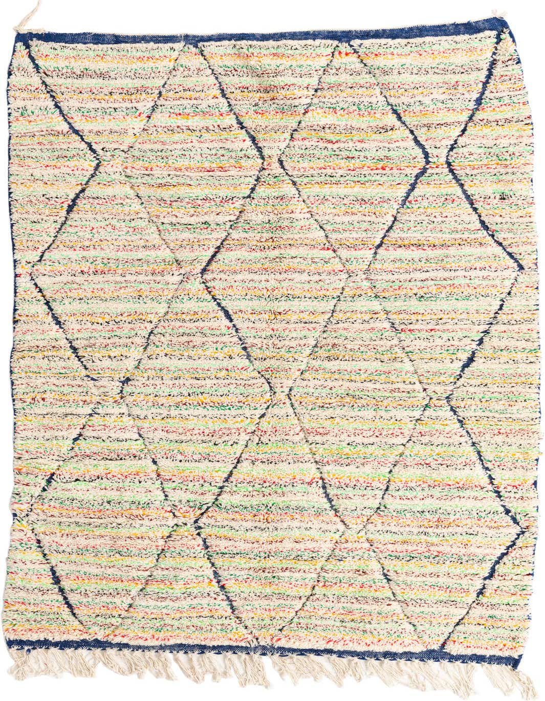 A 5x8 multi-colored rectangular shag wool rug with a tribal diamond pattern and fringe.
