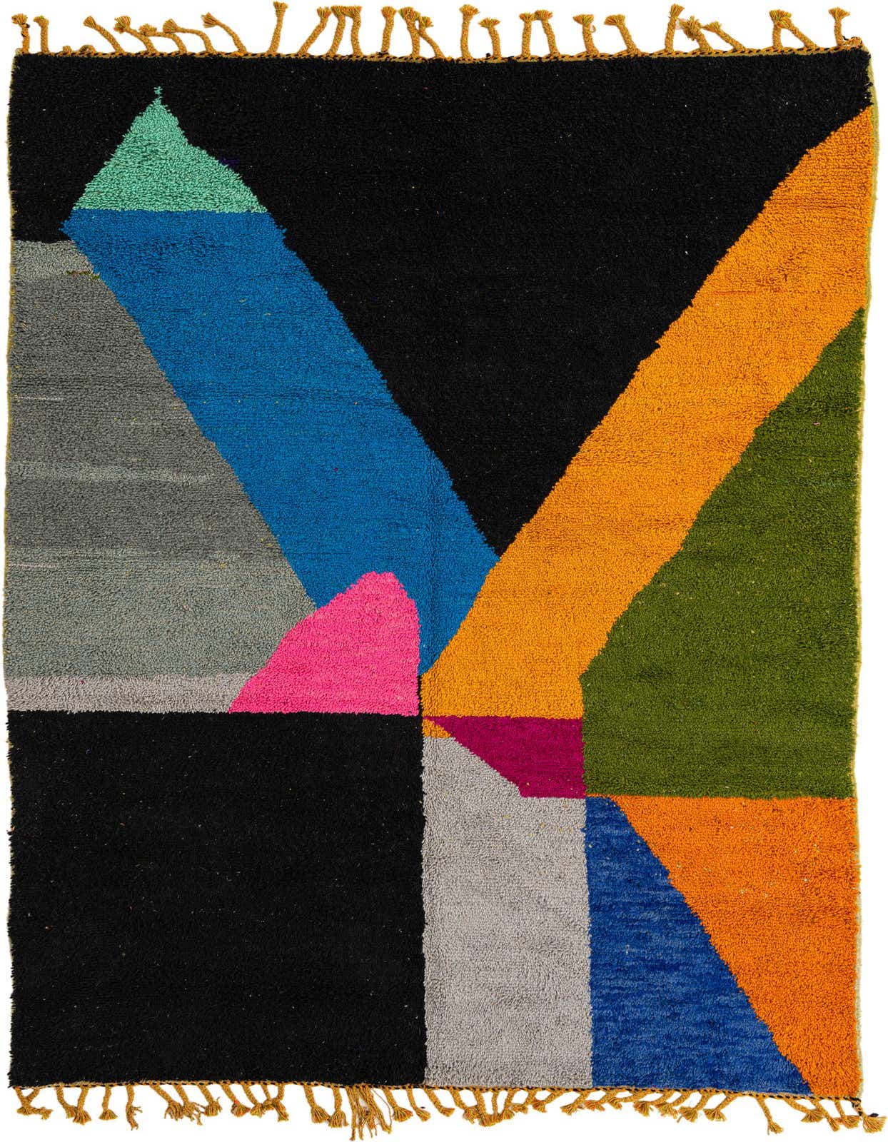 A 6x9 rectangular multi-colored shag rug with an abstract tribal pattern featuring black, blue, orange, green, pink, and gray geometric shapes, suitable for a living room.