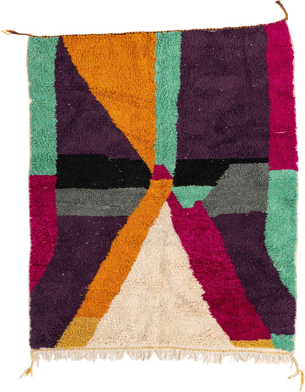 A 5x8 rectangular multi-colored shag rug with a modern tribal abstract pattern in orange, purple, mint green, black, gray, fuchsia, and cream.