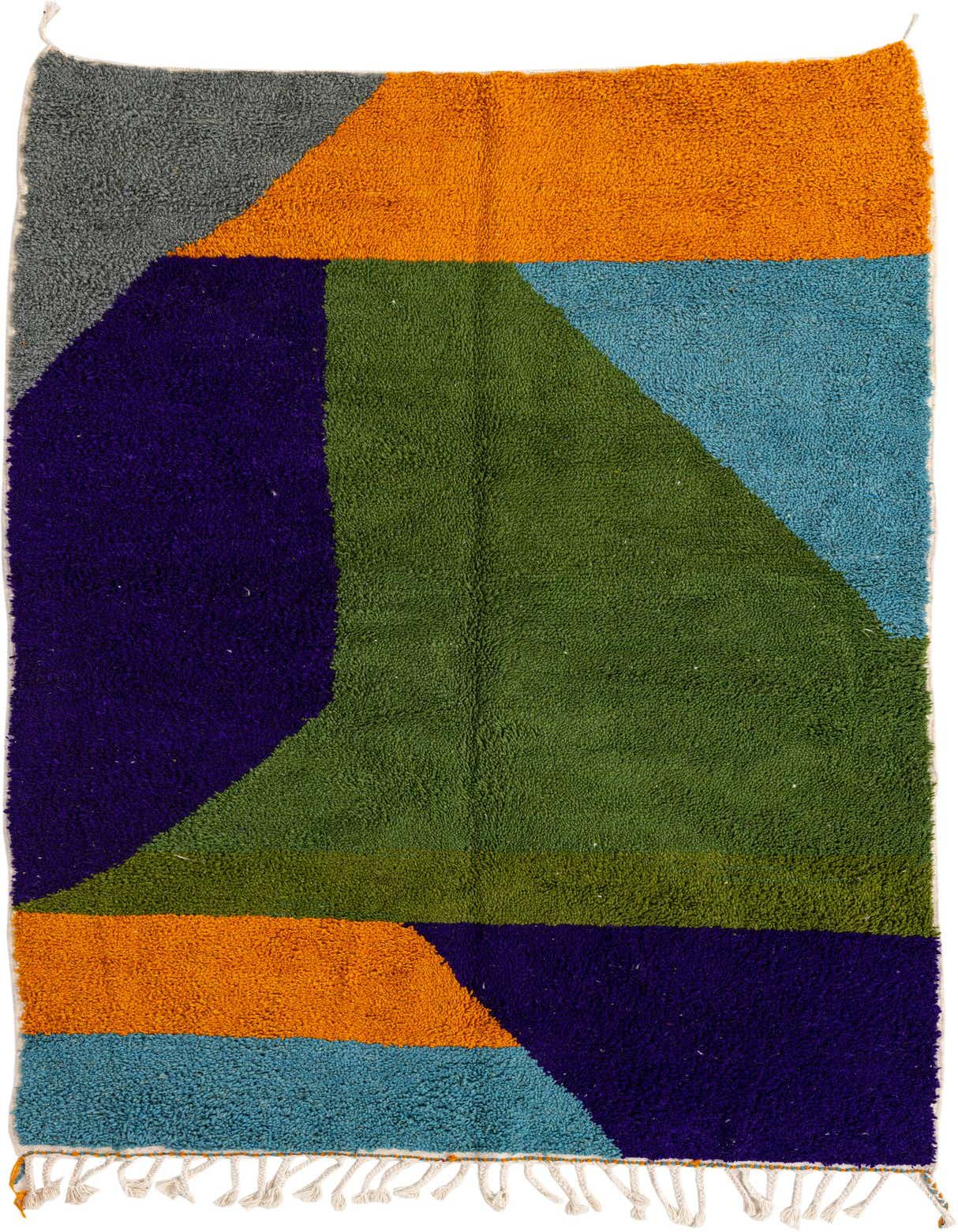 A 5x8 rectangular Moroccan shag rug with a vibrant abstract pattern in orange, purple, green, blue, and gray.