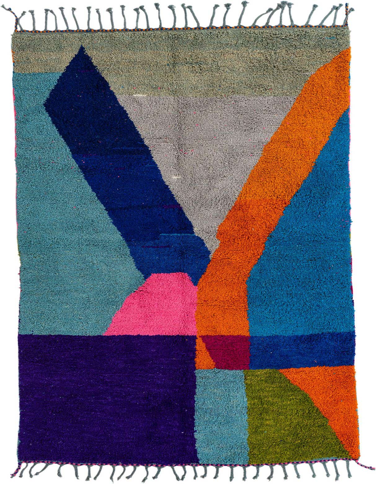 A vibrant 5x8 multi-colored rectangular shag rug with abstract tribal patterns in shades of blue, orange, pink, purple, and green.