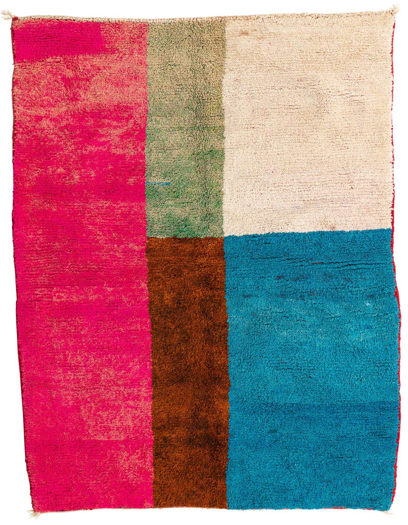 A vibrant 5x8 rectangular shag rug featuring large blocks of hot pink, light green, cream, brown, and teal.