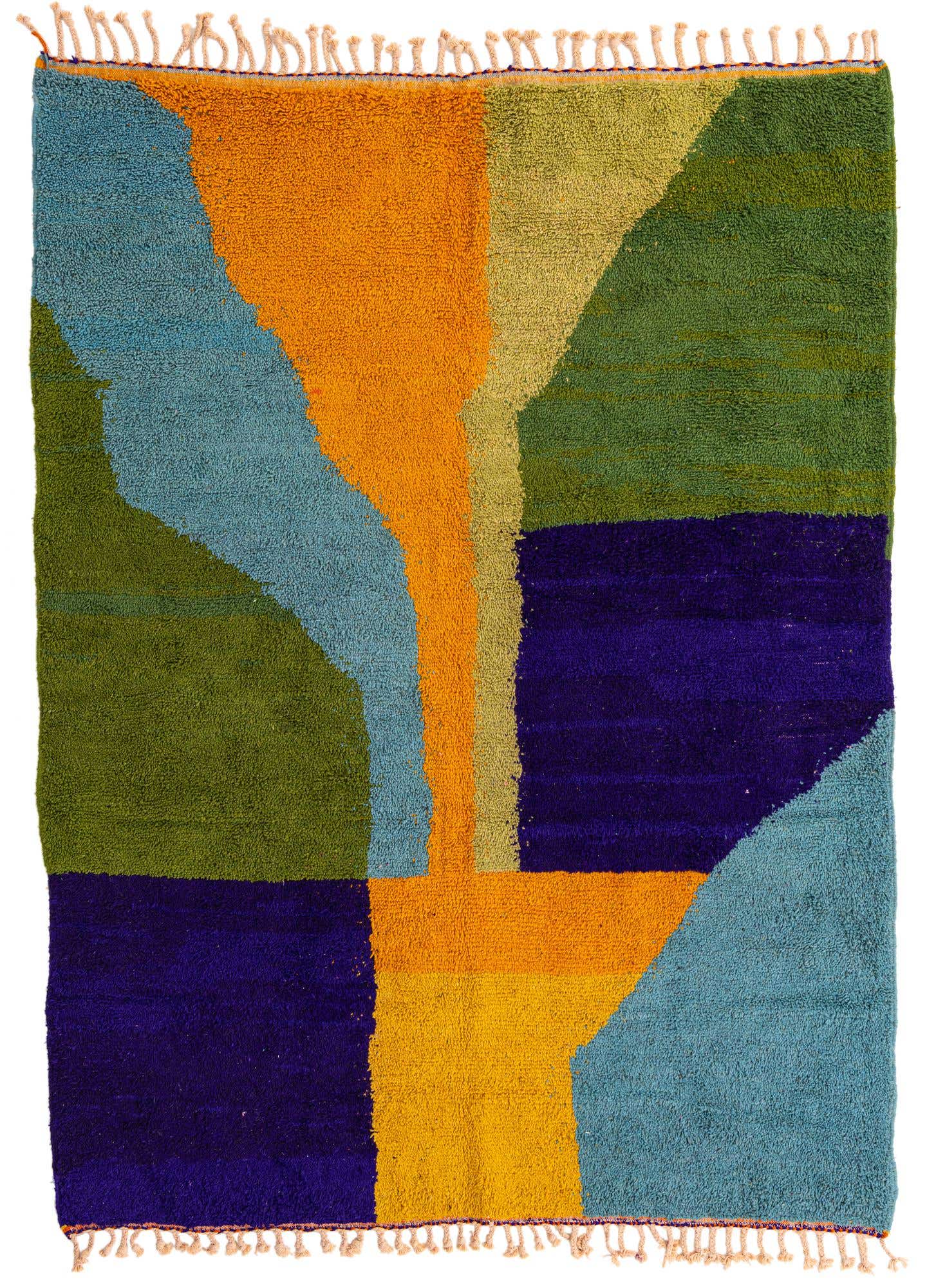 A 7x10 rectangular multi-colored shag rug with an abstract tribal pattern in blue, orange, green, and purple.