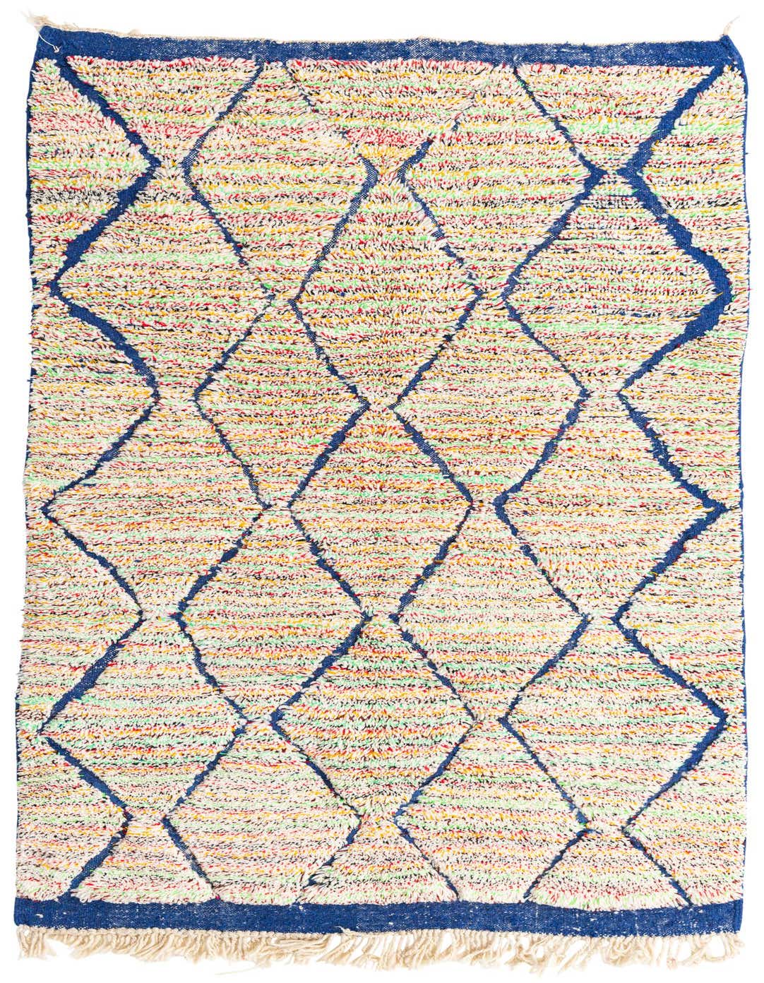 A 5x8 rectangular Moroccan shag rug with a multi-colored background and prominent blue tribal diamond patterns.