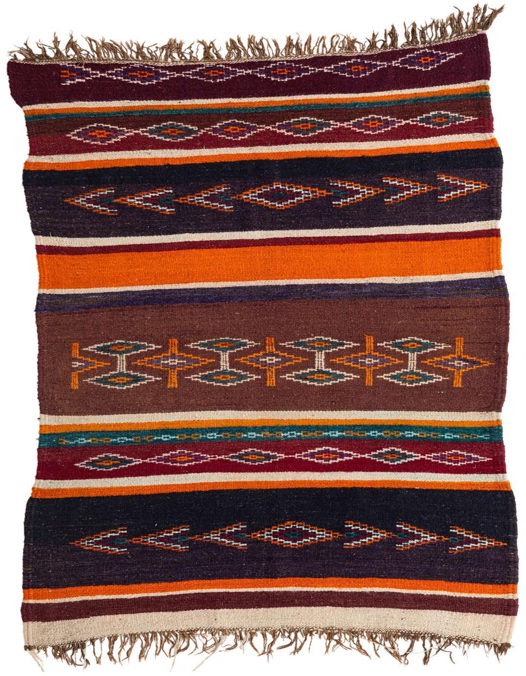 A multi-colored 5x8 rectangular wool shag rug with tribal patterns and fringe, suitable for a living room.