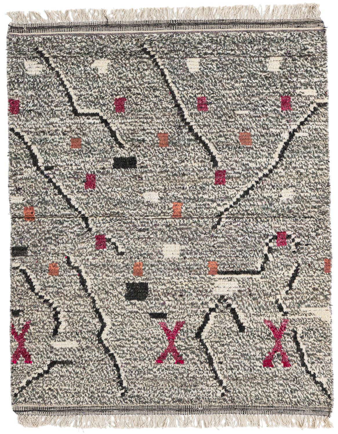 A 4x6 rectangular Moroccan shag rug with a multi-colored tribal pattern, featuring black lines and red, orange, and white accents on a grey and off-white background.