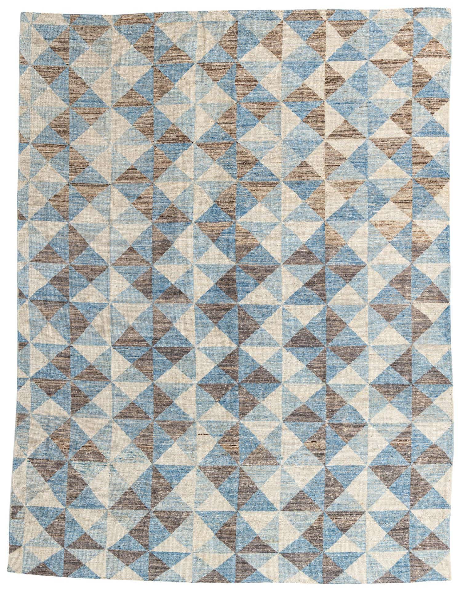 A 9x12 rectangular Moroccan wool rug with a tribal geometric pattern in shades of blue, beige, and brown.