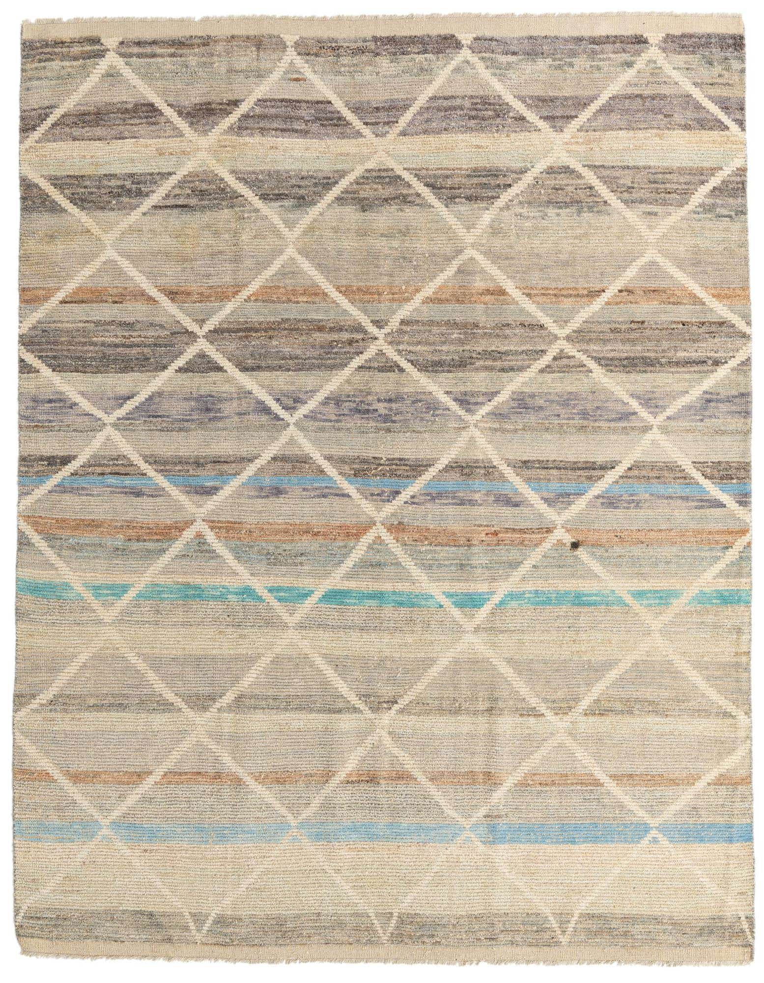 An 8x10 rectangular multi-colored tribal shag rug with a diamond pattern and horizontal stripes, perfect for a living room.