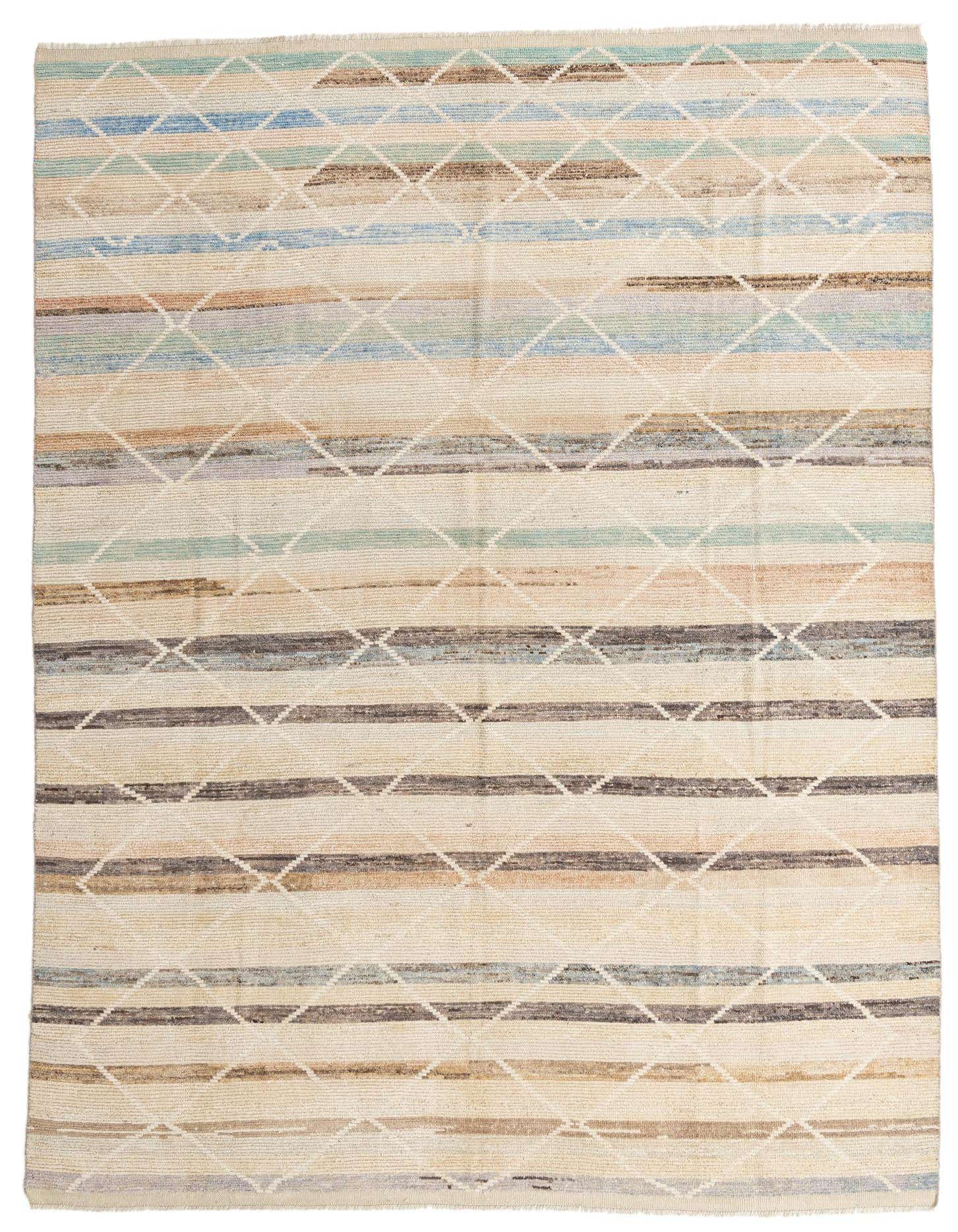 A 9x12 rectangular multi-colored tribal shag rug with horizontal stripes and a diamond pattern, suitable for a living room.