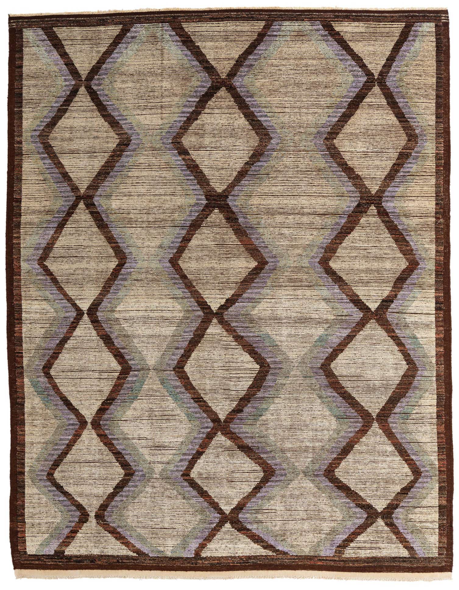 A 9x12 rectangular multi-colored tribal shag rug with large brown diamond patterns over a light background, featuring subtle purple and green accents within the diamonds.