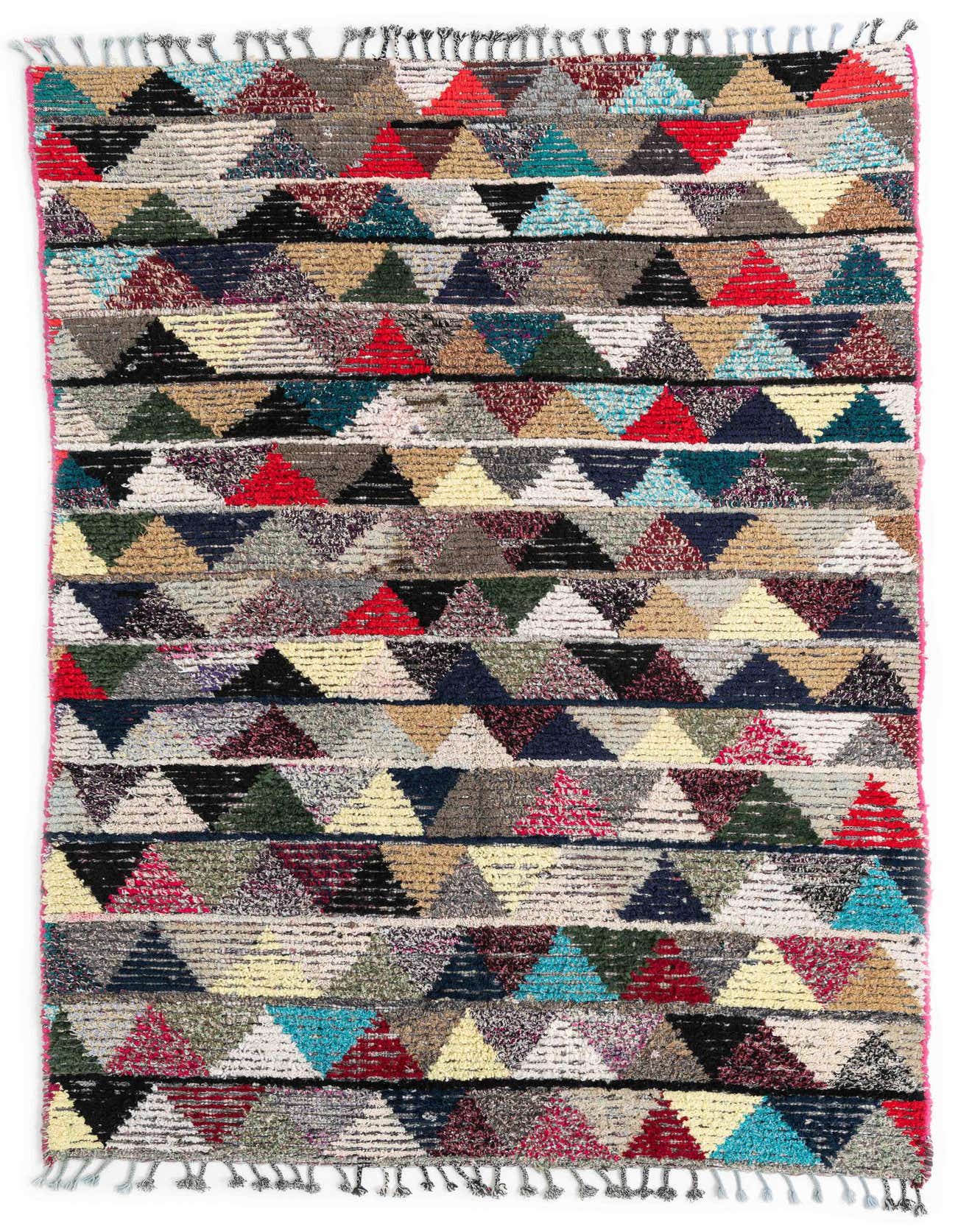 A 5x8 multi-colored rectangular shag rug with a modern tribal triangle pattern and fringe.
